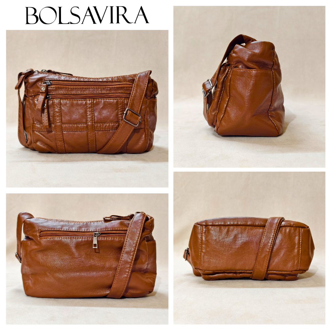 Collage of brown leather bags with BOLSAVIRA branding.