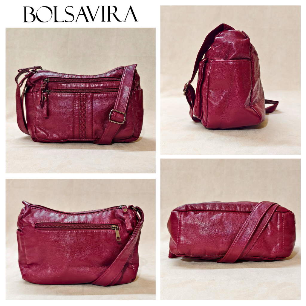 Collage of a red leather handbag with different angles on a beige background, featuring the brand 'Bolsavira'.