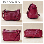 Collage of a red leather handbag with different angles on a beige background, featuring the brand 'Bolsavira'.