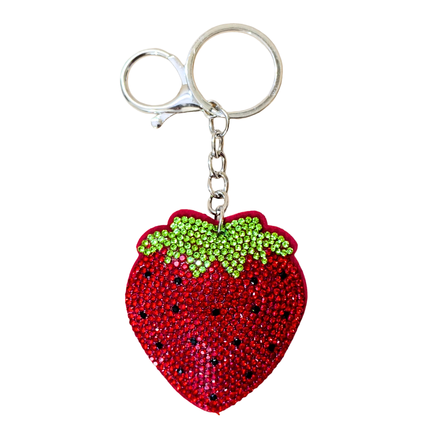 red strawberry keychain with metal latch in front of a white background