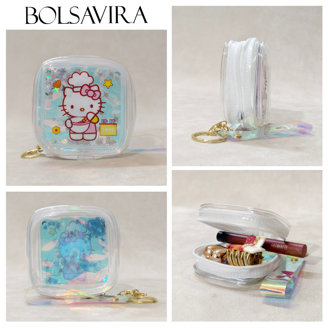 Collage of Bolsavira product images including a small pouch with Hello Kitty design, a hair tie, and stationery items.