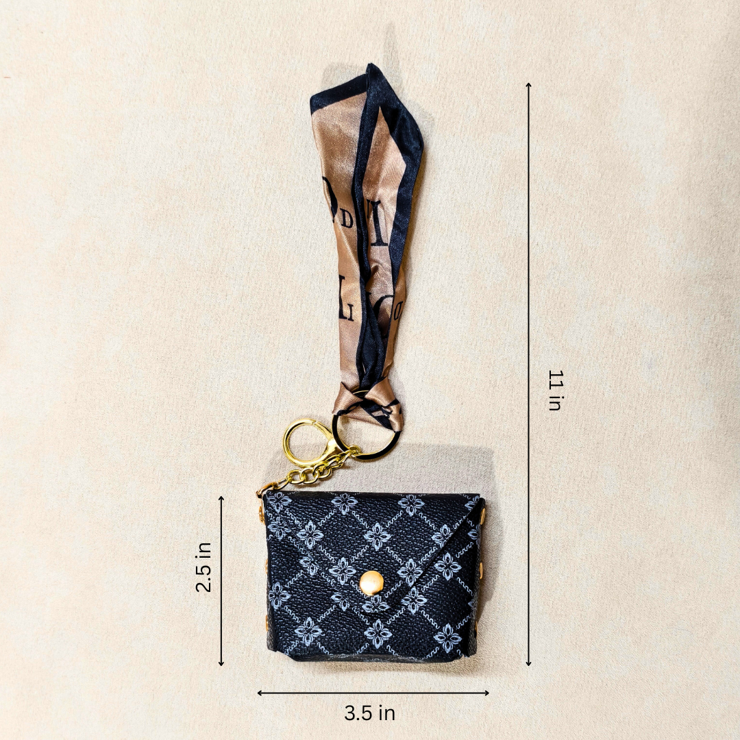 Small pouch with a patterned strap and measurements on a beige background