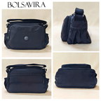 Navy blue handbag with multiple angles shown on a beige background, featuring the brand 'Bolsavira'.