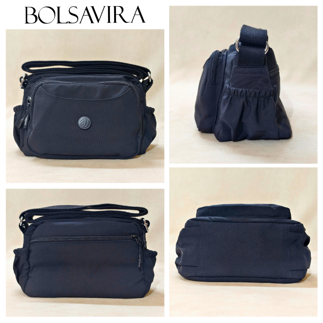 Navy blue handbag with multiple angles shown on a beige background, featuring the brand 'Bolsavira'.