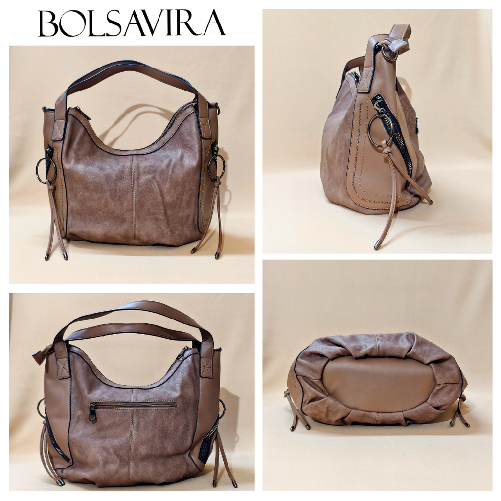 Collage of a brown leather handbag with different angles on a beige background, featuring the brand 'BOLSAVIRA'.