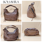 Collage of a brown leather handbag with different angles on a beige background, featuring the brand 'BOLSAVIRA'.