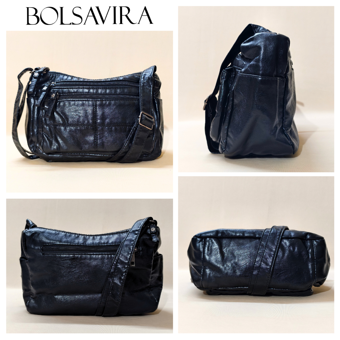 Black leather handbag shown from multiple angles with 'BOLSAVIRA' branding.
