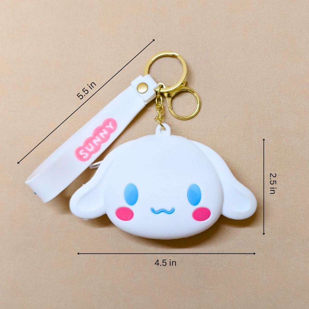 White cloud-shaped keychain with colorful accents and a 'Sunny' tag, shown with measurements on a beige background.