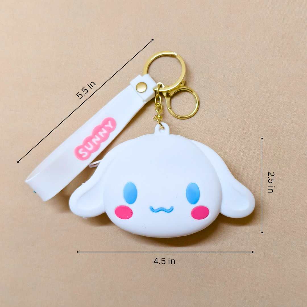 White cloud-shaped keychain with colorful accents and a 'Sunny' tag, shown with measurements on a beige background.