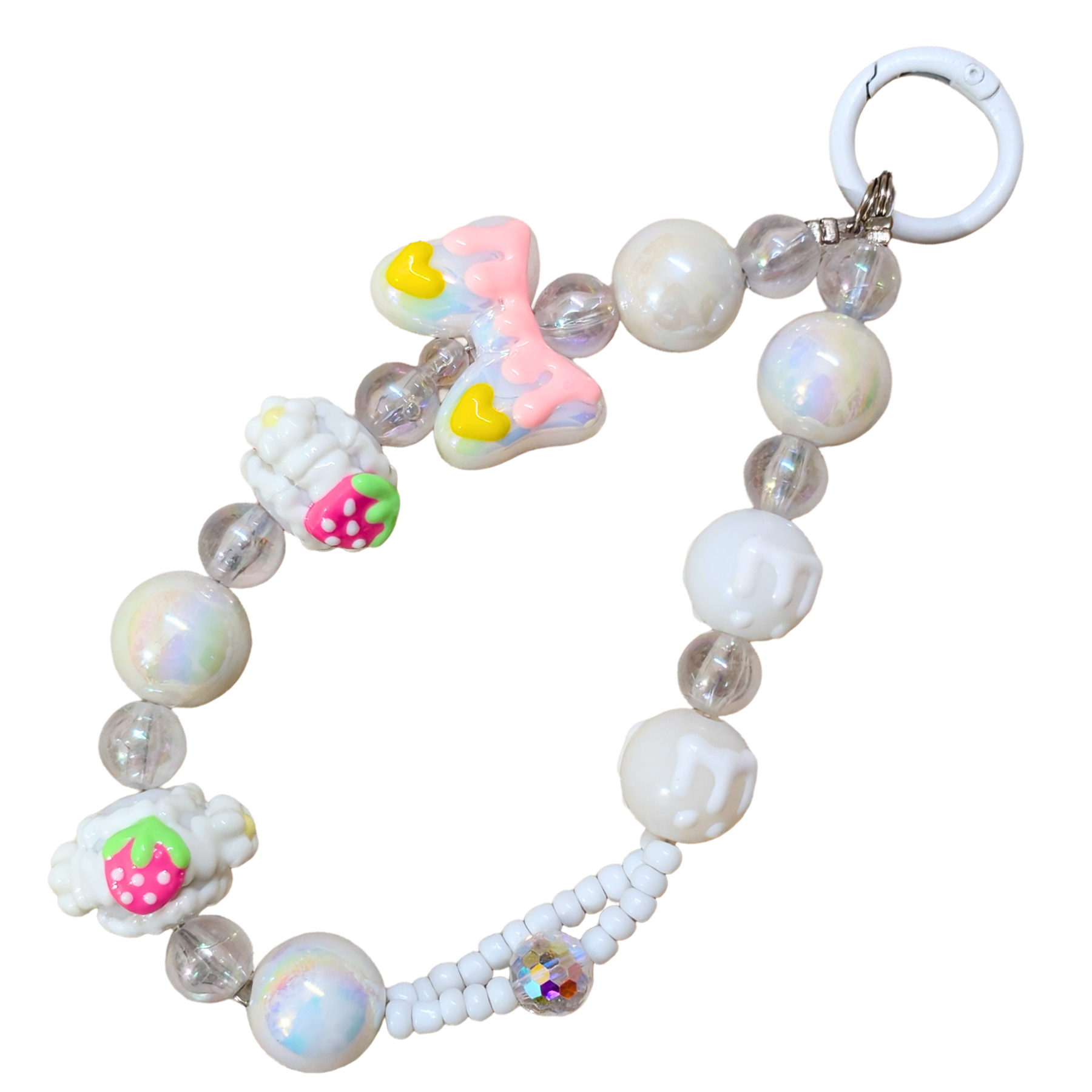 Bracelet with colorful charms and beads on a white background