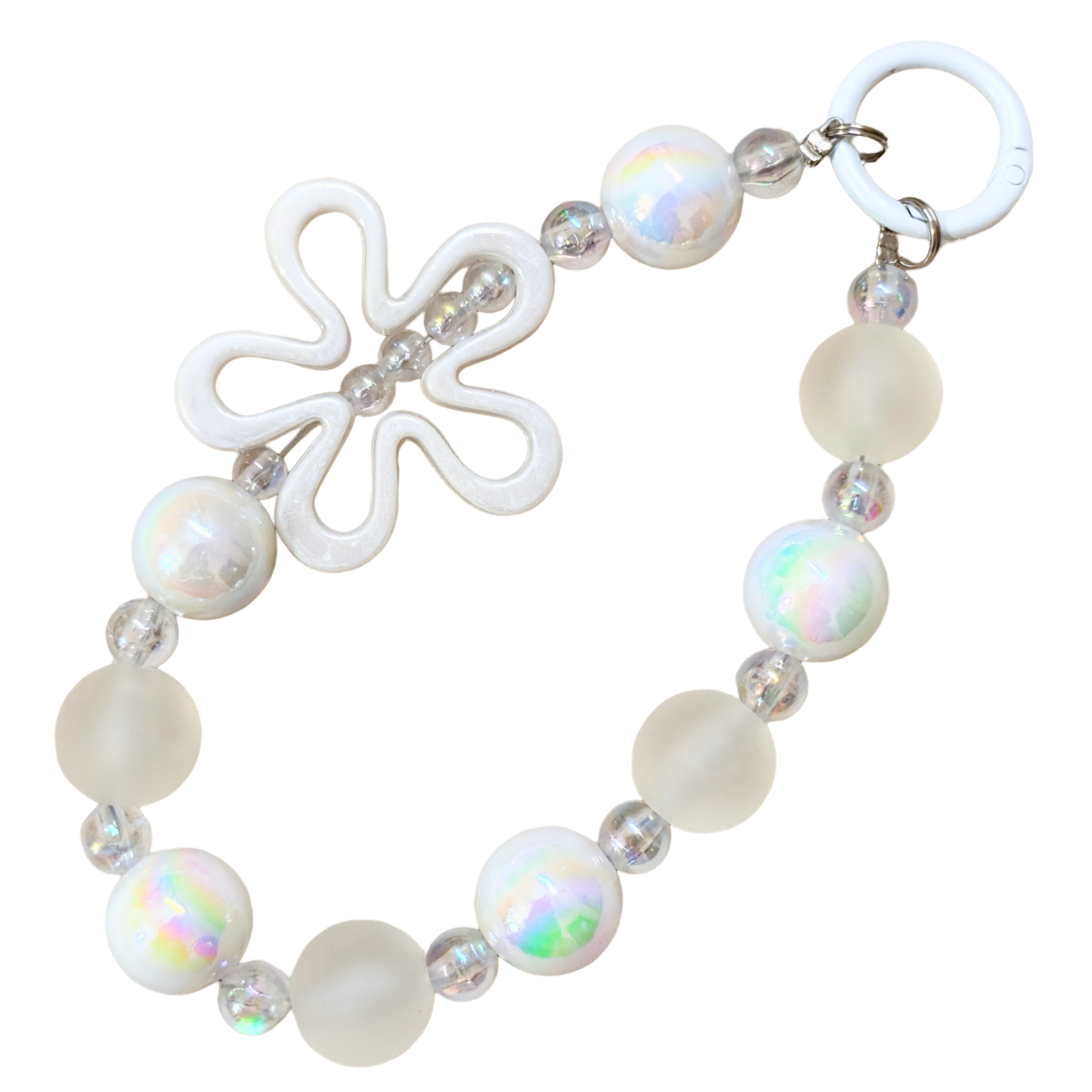 Bracelet with white butterfly charm and beaded links on a white background