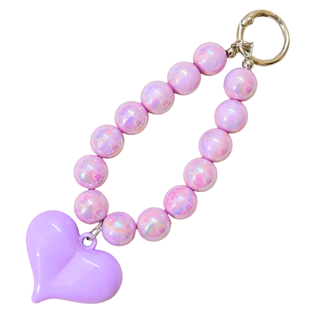 Lilac Heart Charm Beaded Resin Phone Charm with Character Pendant, Iridescent Pearl Kawaii Style, for Phones, Bags and Keychains, Teens and Girls