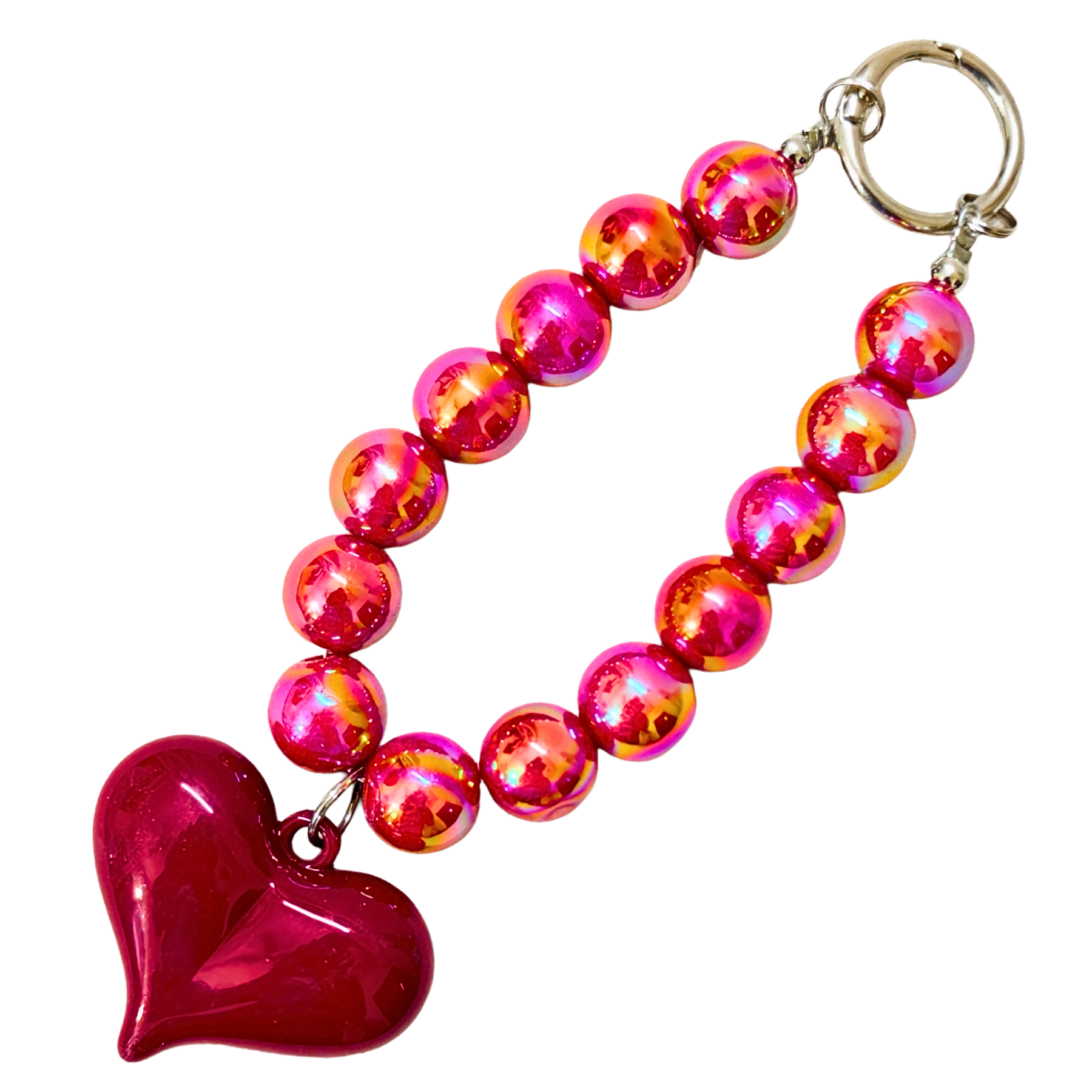 Beaded keychain with a heart charm on a white background