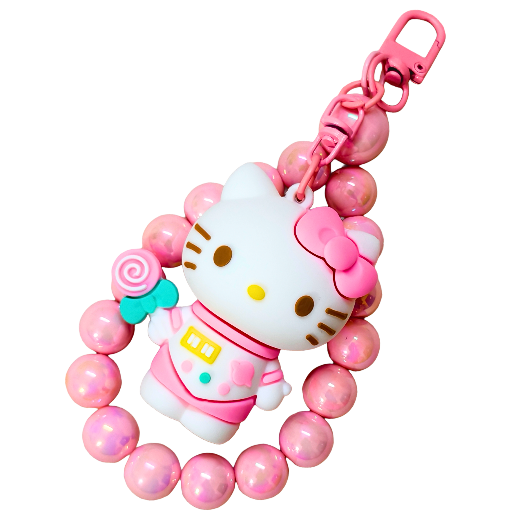 Hello Kitty character keychain with pink beads on a white background