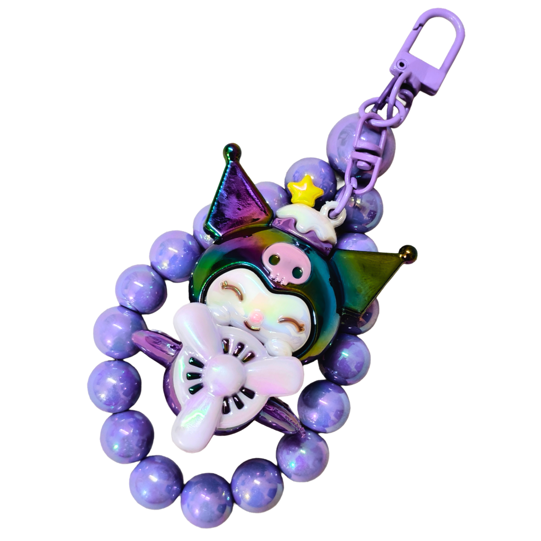 Colorful keychain with a character and purple beads on a white background