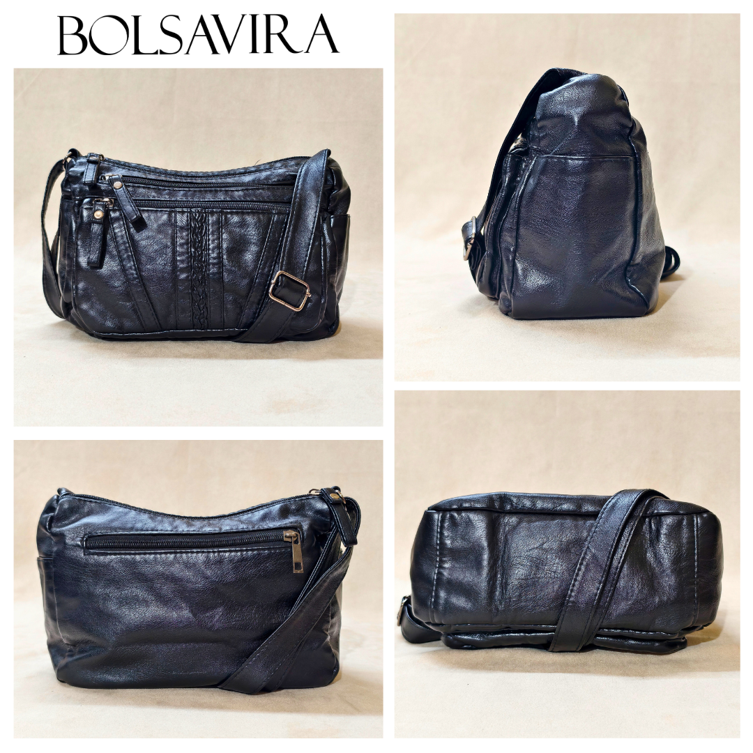 Collage of a black leather bag by Bolsavira on a beige background