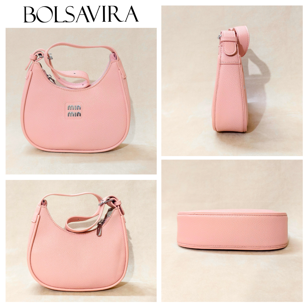 Collage of a pink handbag with visible branding on a beige background
