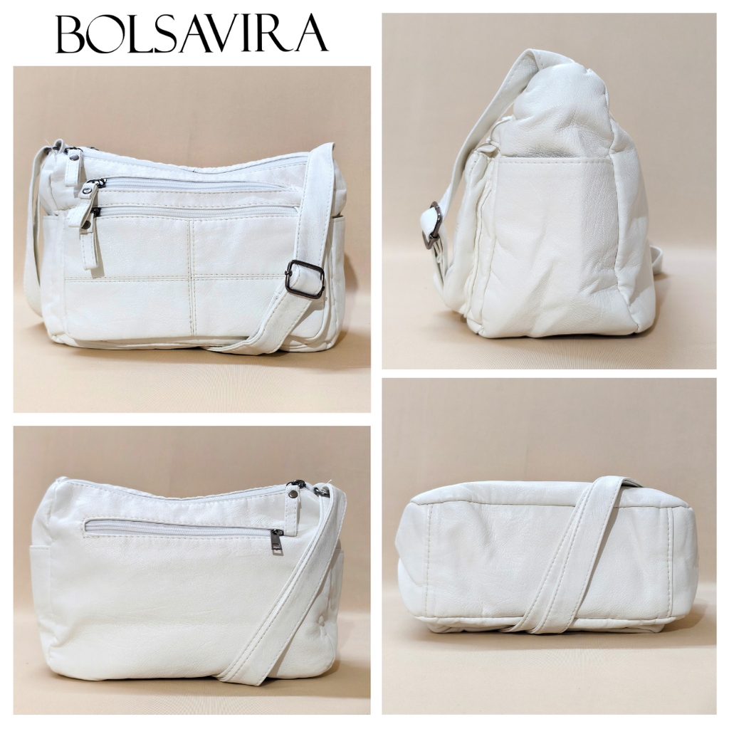 Collage of white handbags by Bolsavira on a beige background