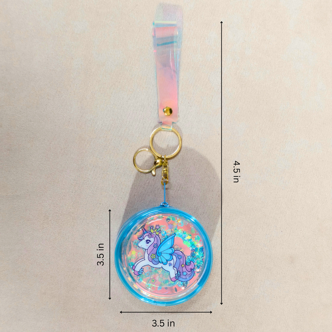 Keychain with unicorn design and measurements on a beige background