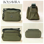 Military Green Sling Bag With Different Angles In Front Of Beige Background.