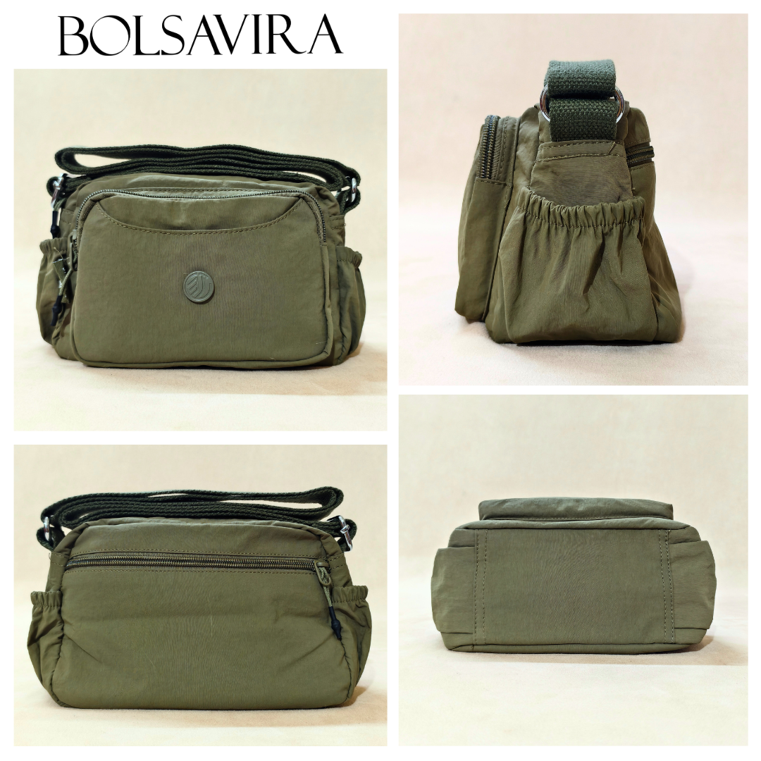 Military Green Sling Bag With Different Angles In Front Of Beige Background.