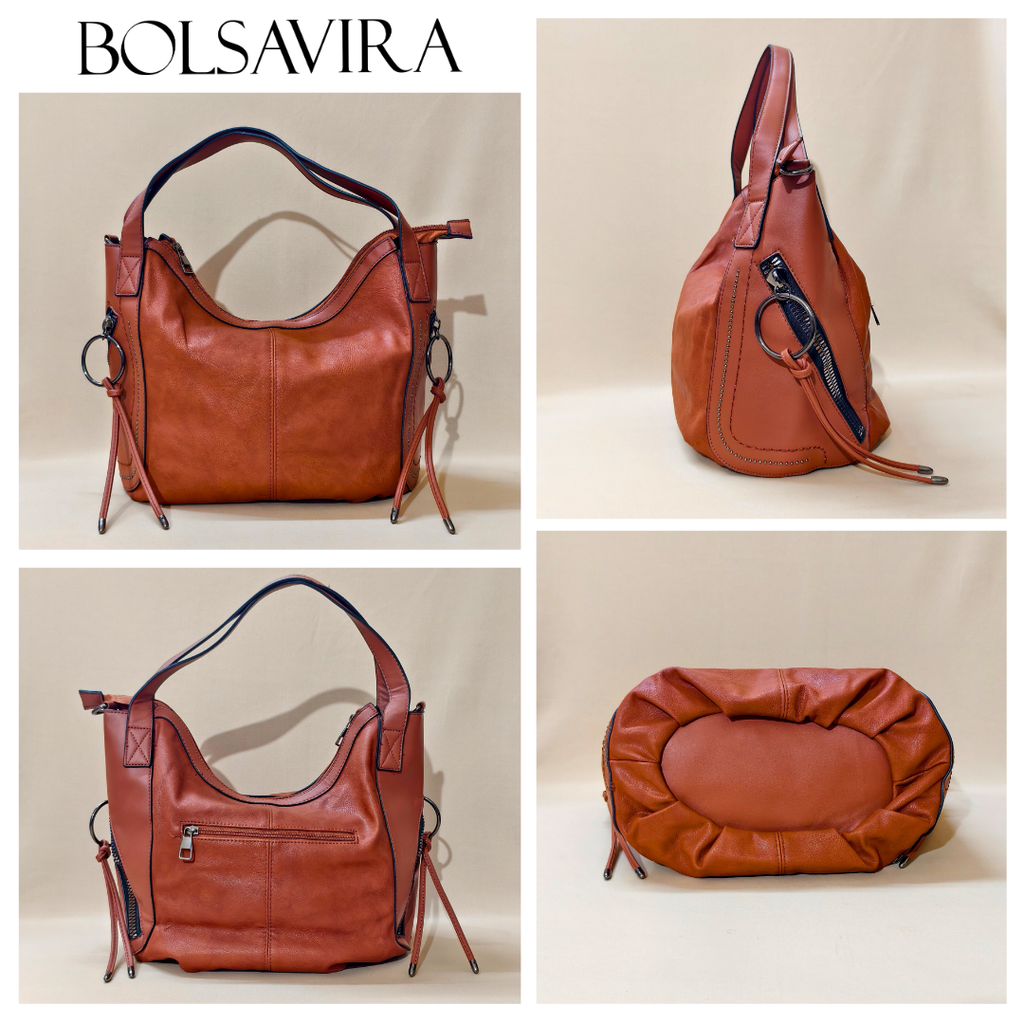 Collage of a brown leather handbag with different angles on a beige background, featuring the brand 'Bolsavira'.