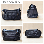 Collage of a black leather handbag by Bolsavira on a beige background