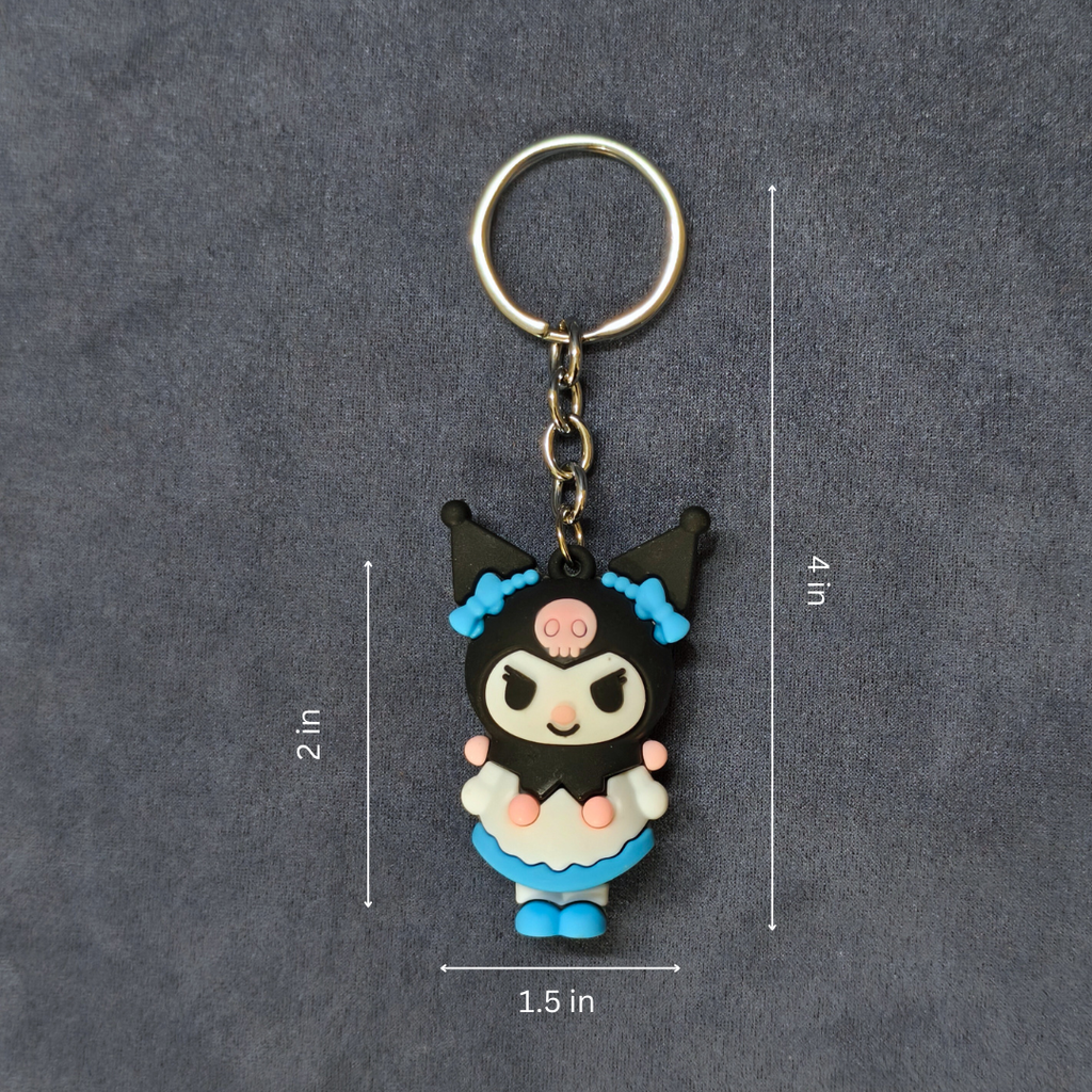 Keychain with cartoon character and measurements on a gray background