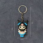 Keychain with cartoon character and measurements on a gray background