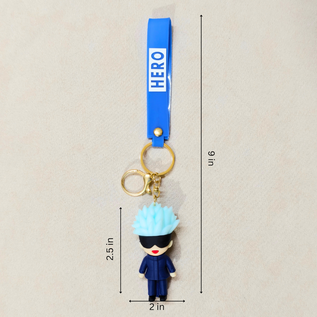 Keychain with character figure and blue strap labeled 'HERO' on a beige background
