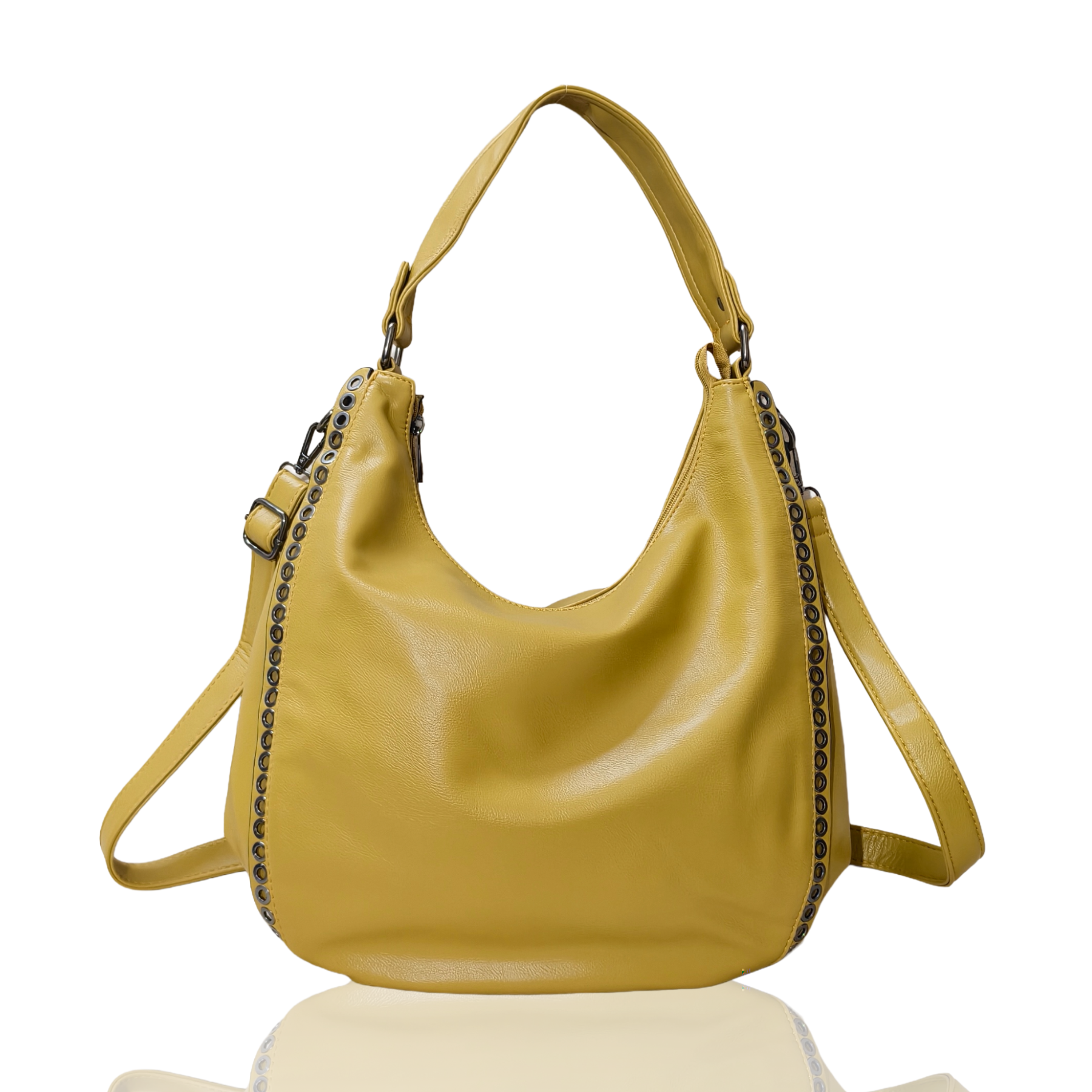 Yellow handbag with chain details on a white background