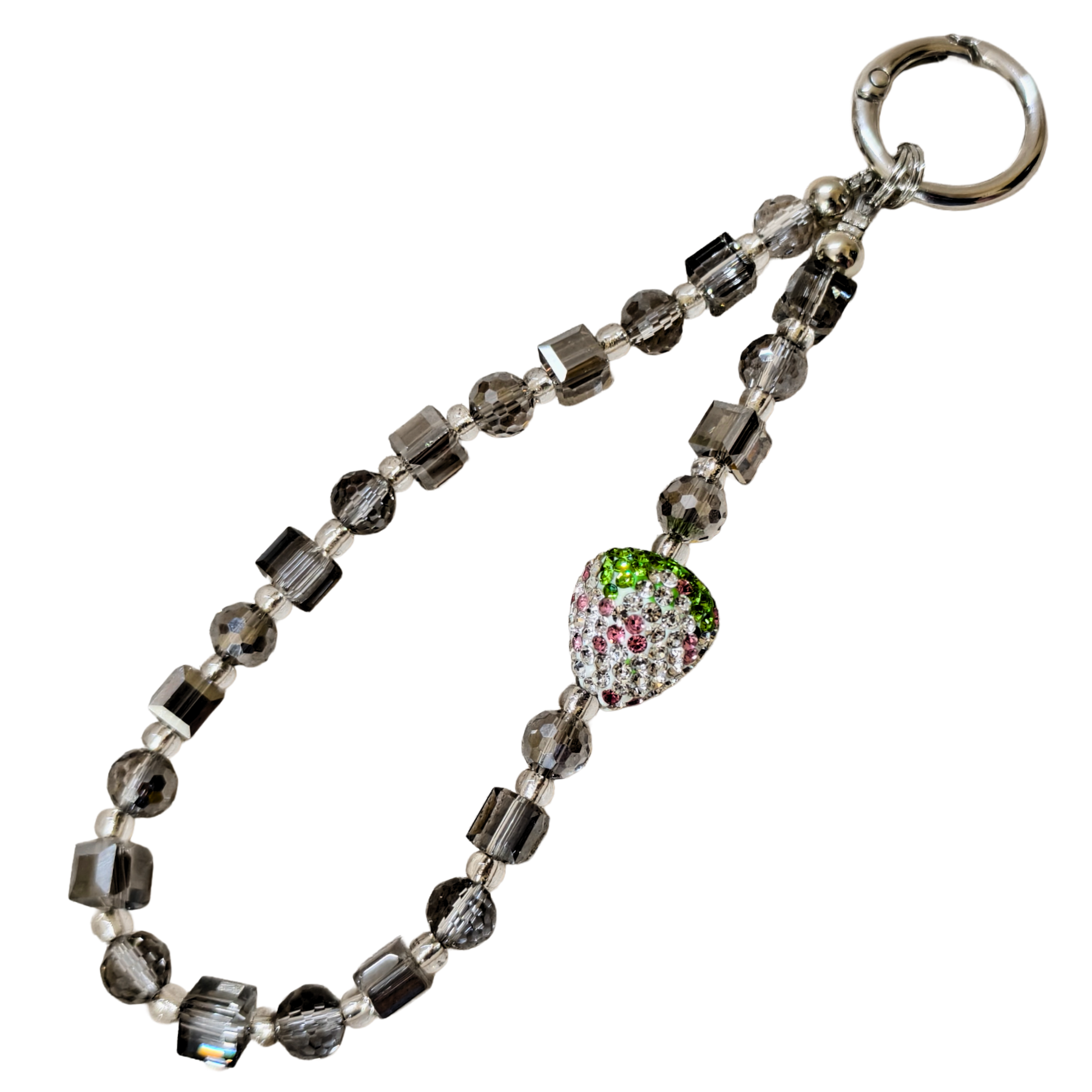 Beaded keychain with a heart-shaped charm on a white background