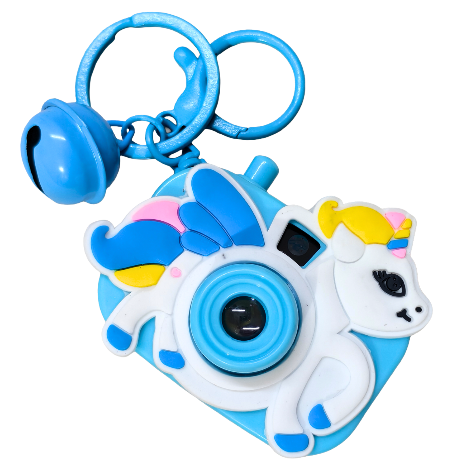 Unicorn-shaped camera keychain with blue and white design on a white background