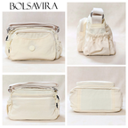 Cream Ivory Sling Bag With Different Angles In Front Of Beige Background.