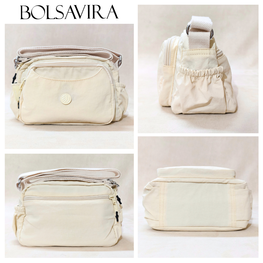 Cream Ivory Sling Bag With Different Angles In Front Of Beige Background.