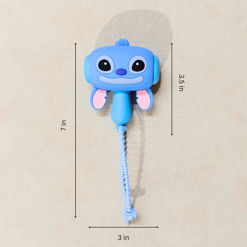 Blue cartoon character with measurements on a beige background