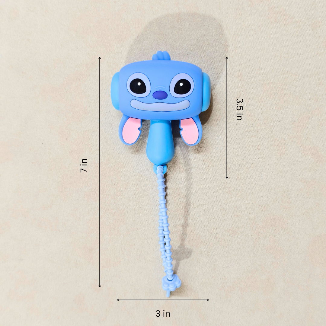Blue cartoon character with measurements on a beige background