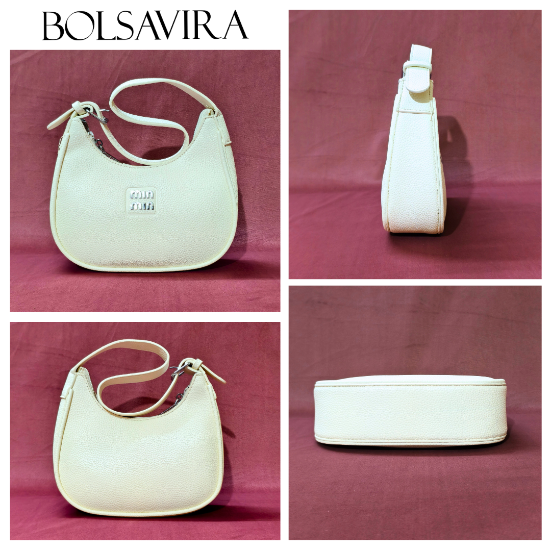 Collage of a white handbag with different angles on a maroon background, featuring the brand 'BOLSAVIRA'.