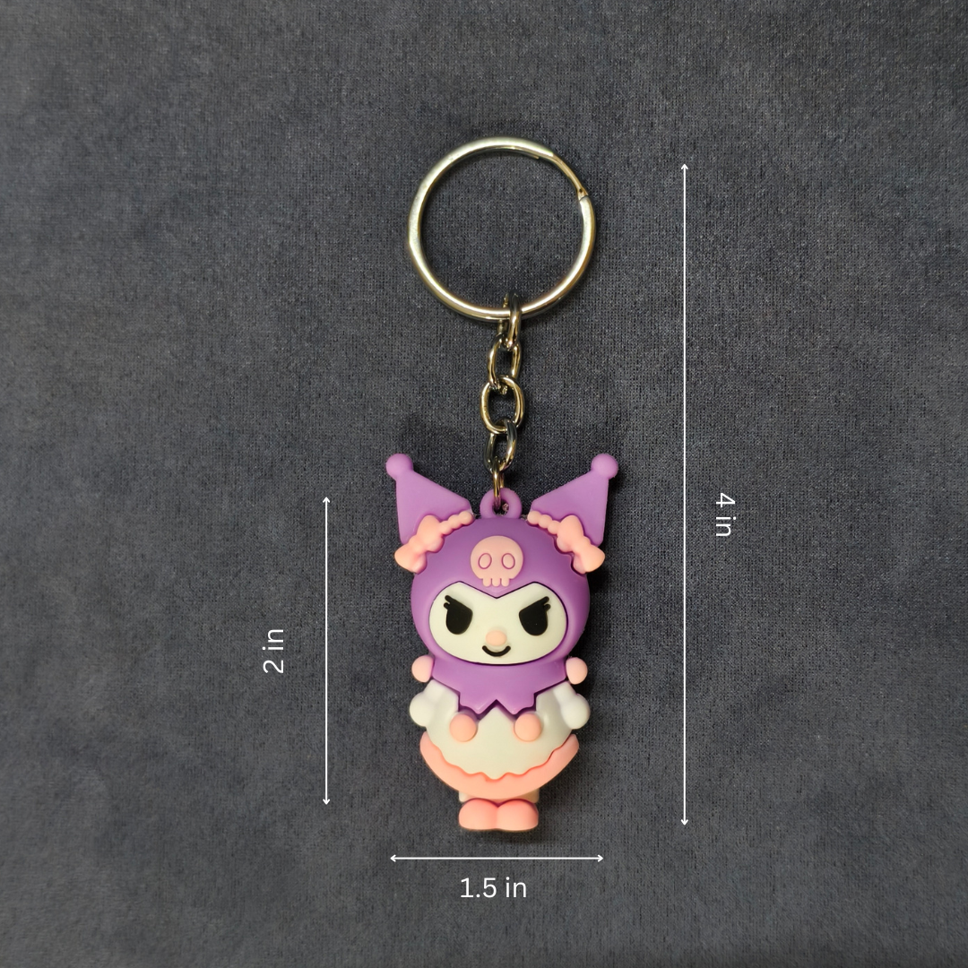 Keychain with cartoon character and measurements on a dark background