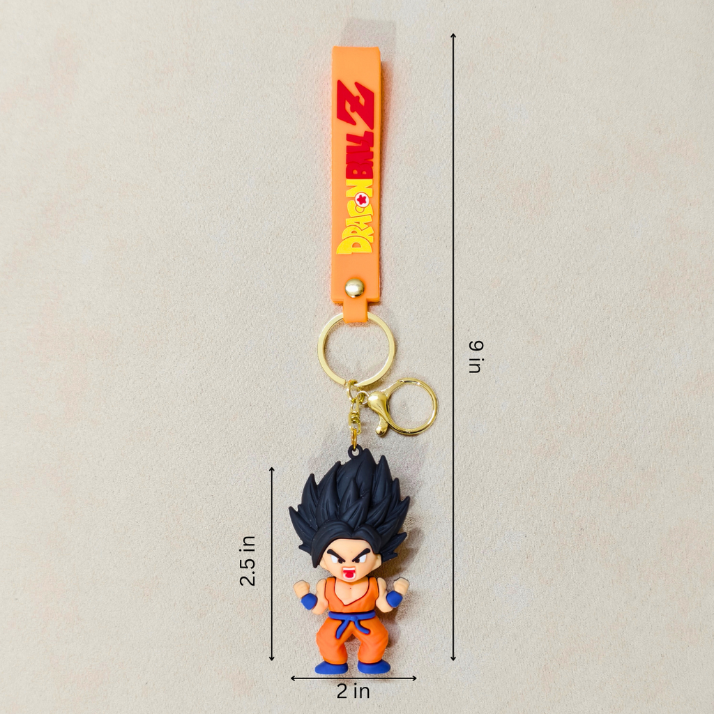 Keychain with character figure and measurement details on a beige background