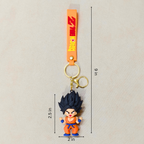 Keychain with character figure and measurement details on a beige background