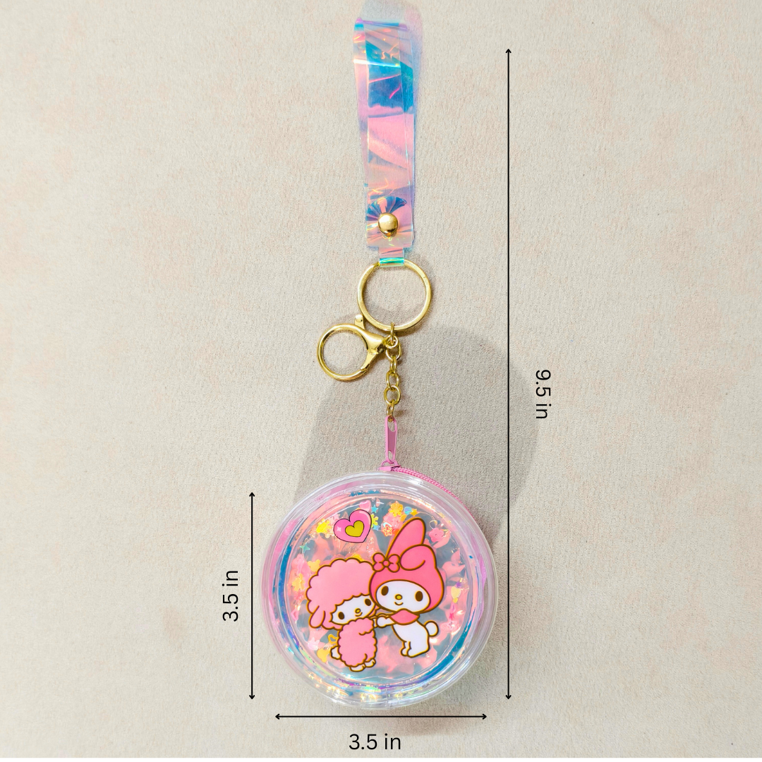 Keychain with cartoon characters and measurements on a beige background