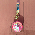 Keychain with unicorn design and measurements on a pink background