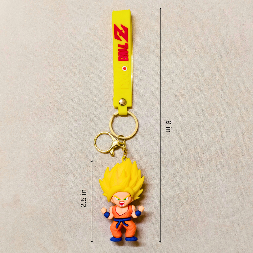 Super Saiyan Key Ring  With Measurements On Beige Background.