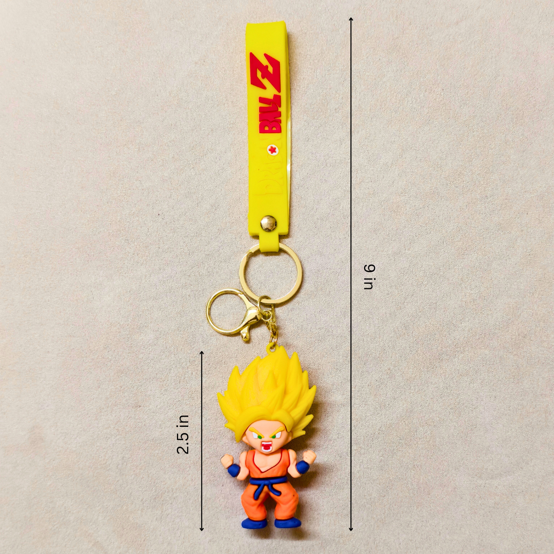 Super Saiyan Key Ring  With Measurements On Beige Background.