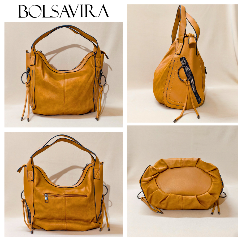 Collage of a tan leather handbag with different angles on a beige background, featuring the brand 'Bolsavira'.