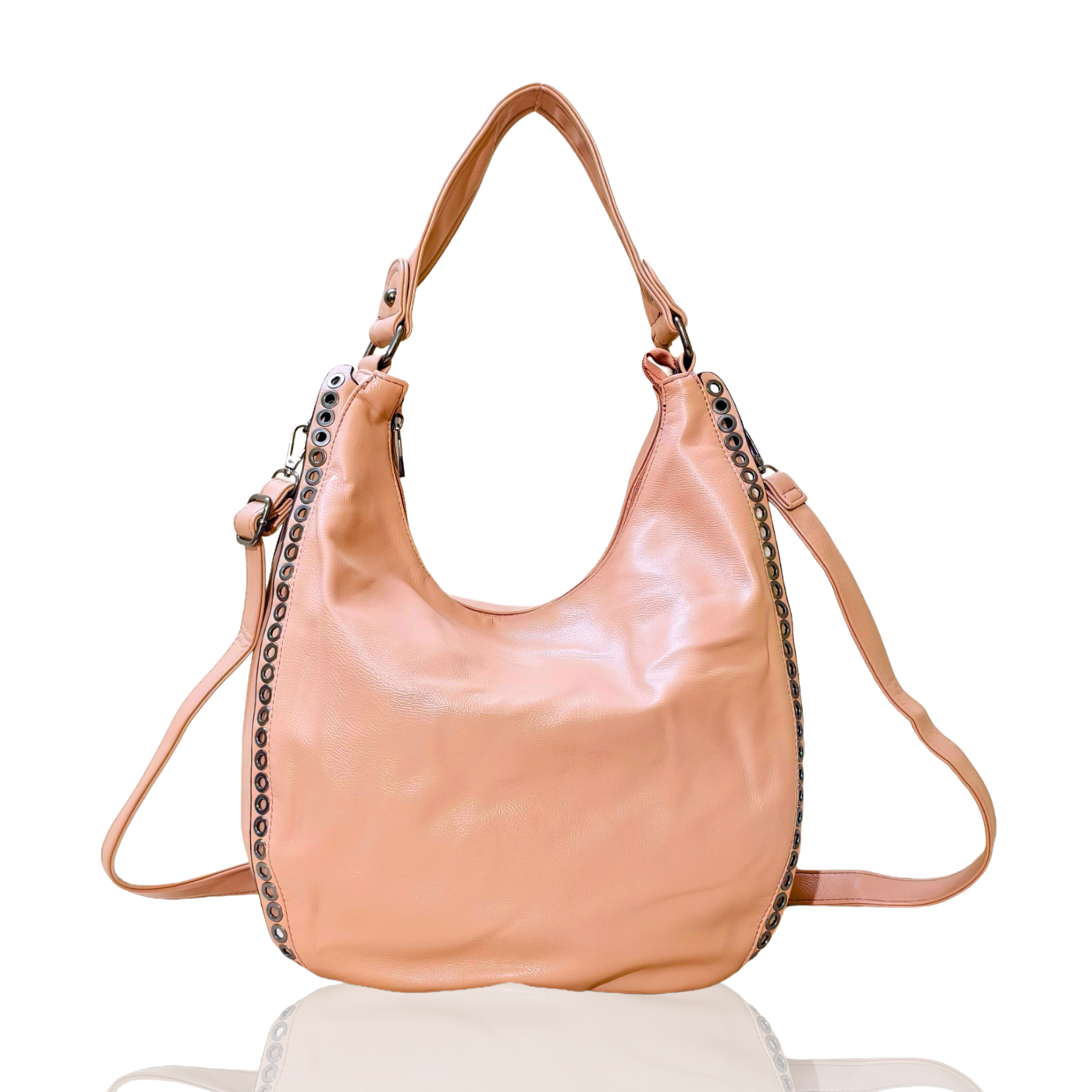 Pink handbag with chain details on a white background