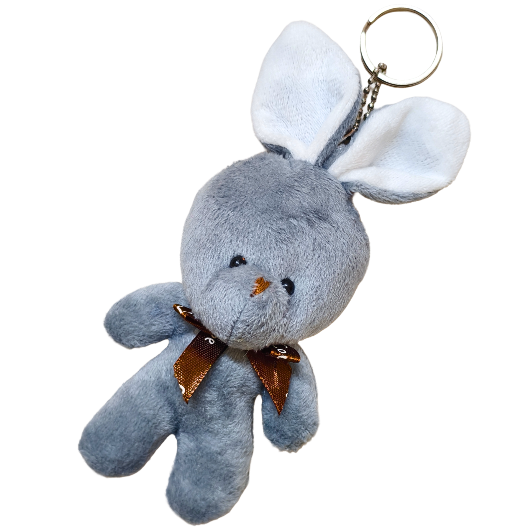 Plush mouse toy with a bow tie and keychain on a white background