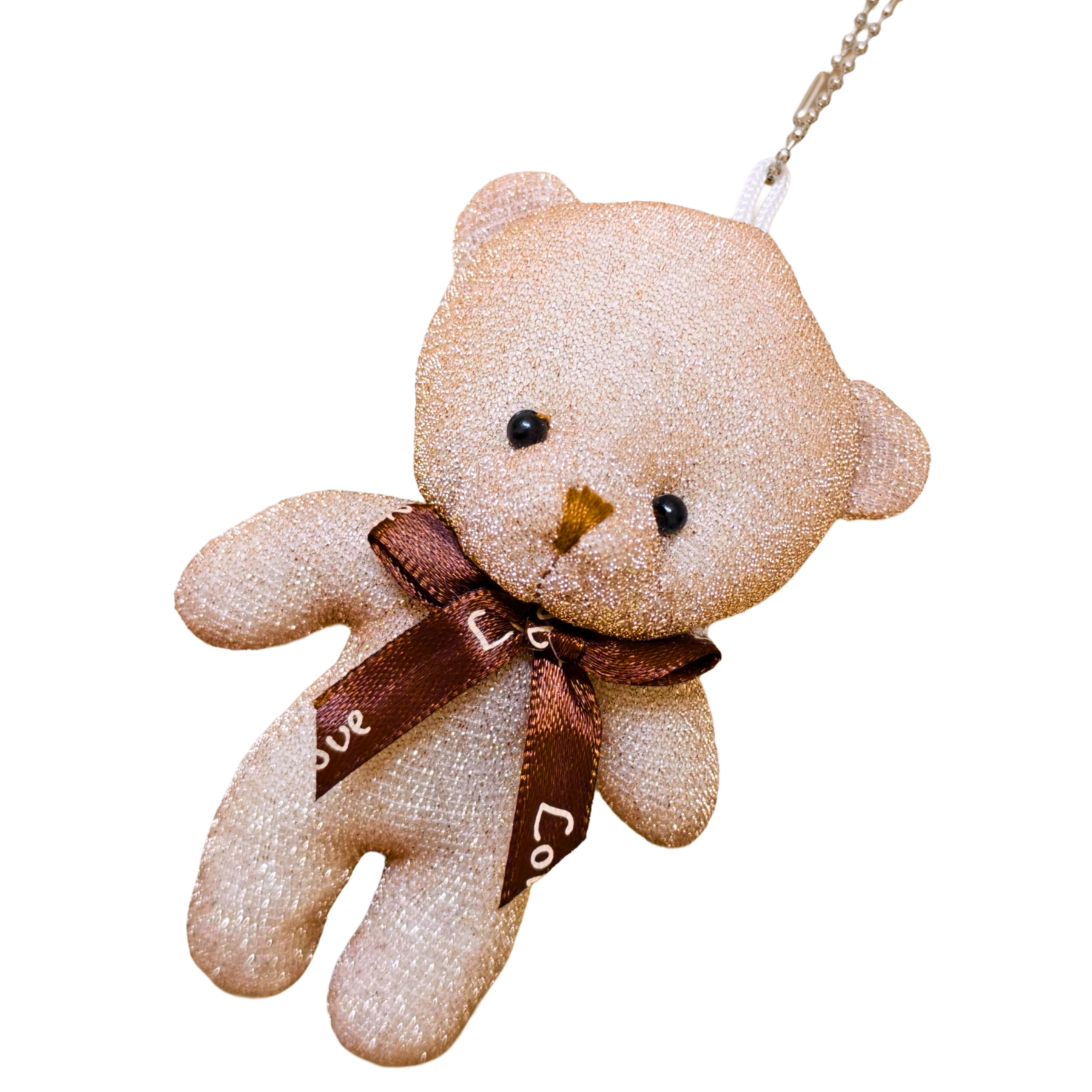 Small teddy bear keychain with a brown ribbon on a white background
