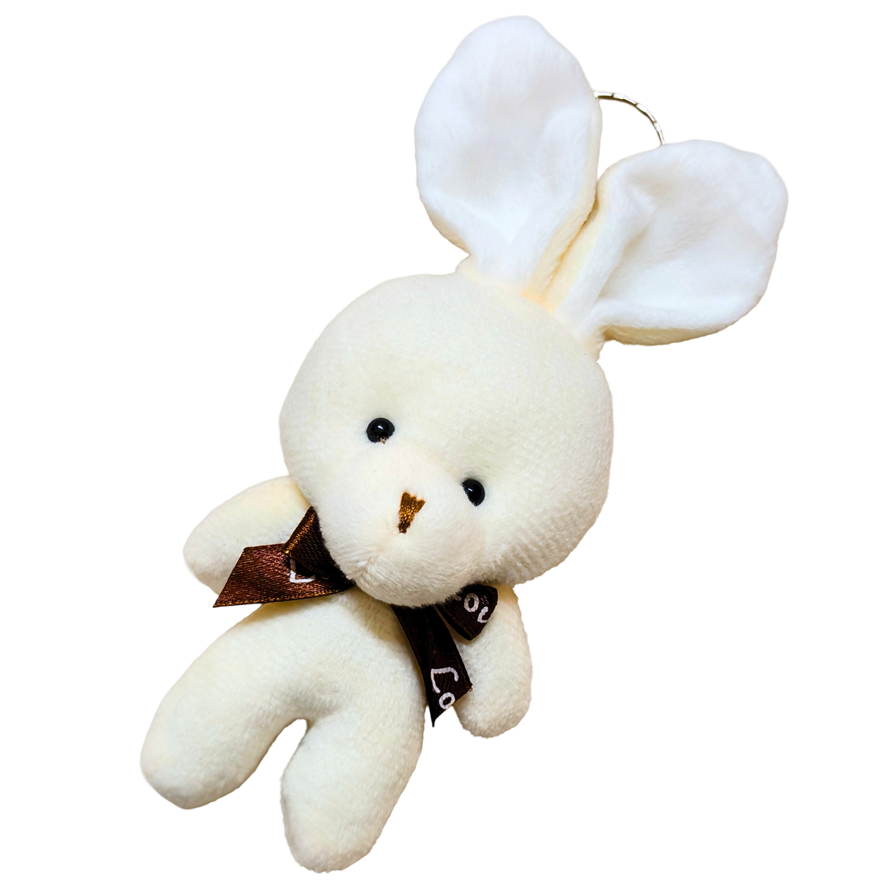 White plush bunny toy with a brown bow on a white background